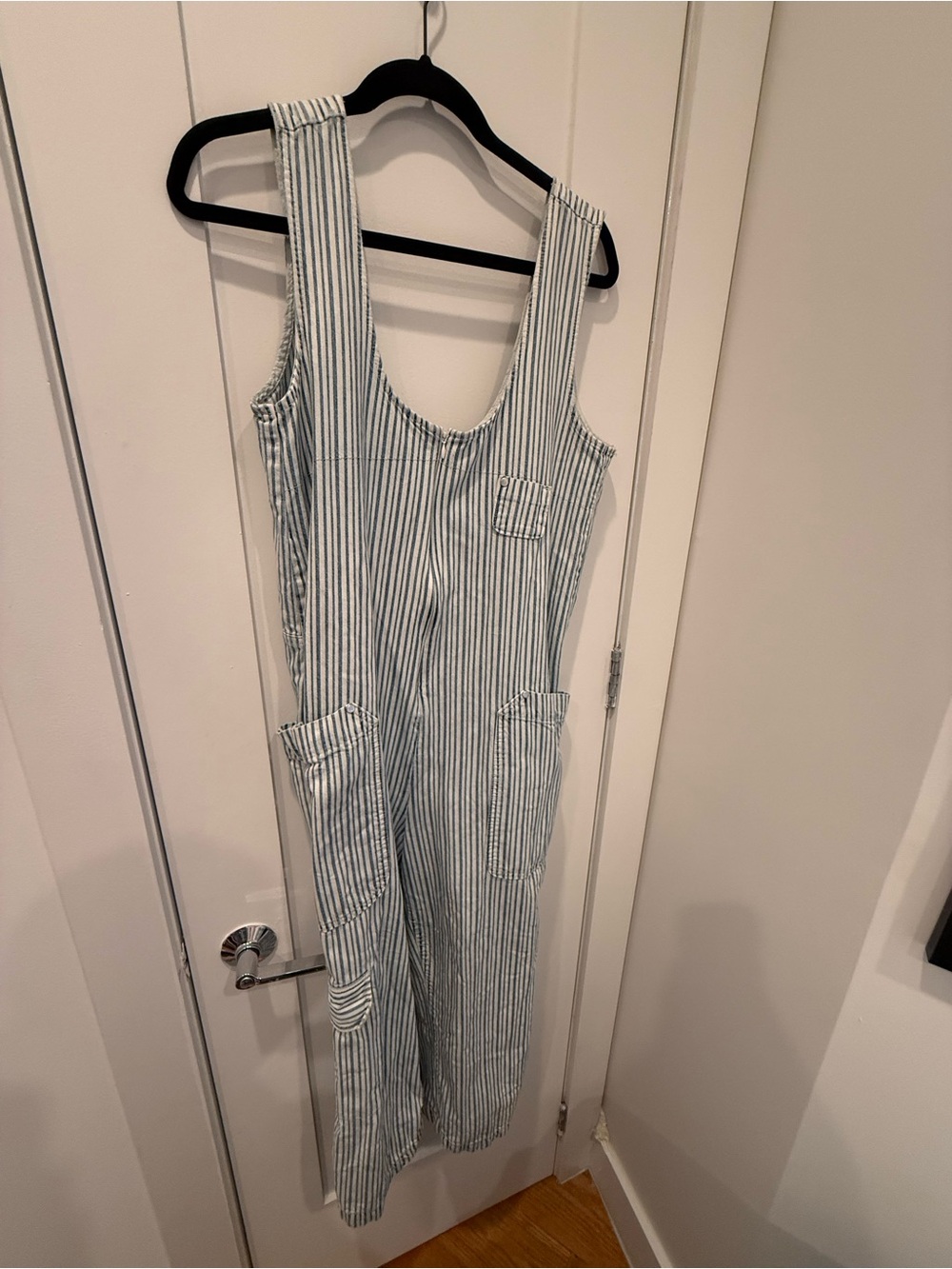 Striped Sleeveless Linen Blend Jumpsuit Dress in Light Blue and White